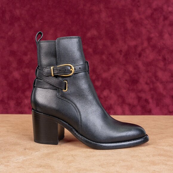 Veronica Beard Women Sohelia Black Leather Buckle Chucky Block Heel Boots size 5 - Picture 3 of 8